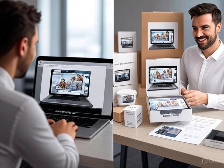 Illustration showing customer viewing product online versus unboxing the same product in-hand, highlighting importance of consistent presentation