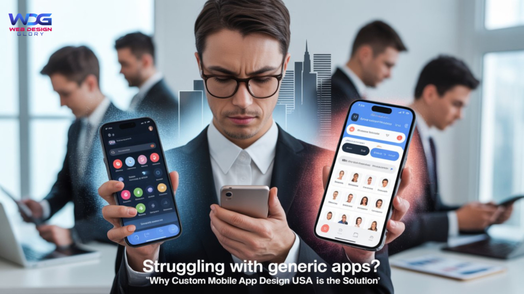 A serious businessman in a suit holds two smartphones, comparing a cluttered generic app with a clean, modern custom app interface. Background shows other professionals working in an office setting. Text reads: "Struggling with generic apps? Why Custom Mobile App Design USA is the Solution." Web Design Glory logo appears in the top-left.