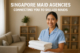 A smiling young woman in a light blue maid uniform holds a neatly folded stack of white towels in a bright, modern living room. The background shows a cozy sofa, shelves with plants, and decorative items, highlighting a clean and welcoming home environment. Text above reads “Singapore Maid Agencies – Connecting You to Skilled Maids.”