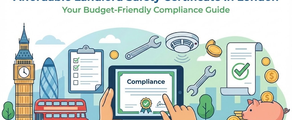 Illustrated graphic showing London landmarks, a double-decker bus, safety checklists, tools, a smoke detector, coins, and a piggy bank surrounding a tablet displaying a “Compliance” certificate, promoting affordable landlord safety certification in London.
