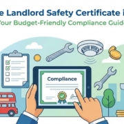 Illustrated graphic showing London landmarks, a double-decker bus, safety checklists, tools, a smoke detector, coins, and a piggy bank surrounding a tablet displaying a “Compliance” certificate, promoting affordable landlord safety certification in London.