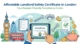 Illustrated graphic showing London landmarks, a double-decker bus, safety checklists, tools, a smoke detector, coins, and a piggy bank surrounding a tablet displaying a “Compliance” certificate, promoting affordable landlord safety certification in London.
