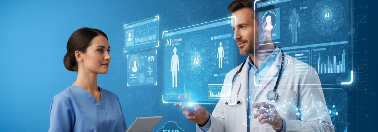 Doctor reviewing AI-powered EHR and EMR software with predictive analytics and patient risk alerts using Agentic AI Development Services.