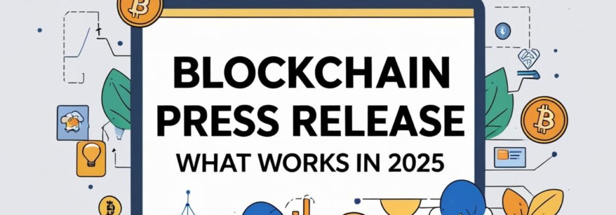 Laptop screen displaying “Blockchain Press Release: What Works in 2025” surrounded by crypto-themed icons and graphics.