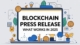 Laptop screen displaying “Blockchain Press Release: What Works in 2025” surrounded by crypto-themed icons and graphics.