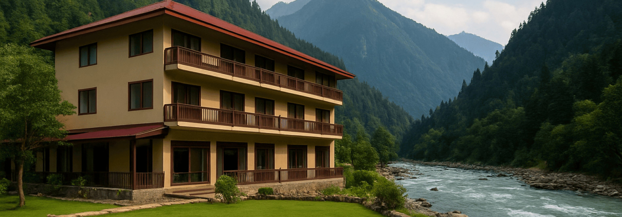 Riverside view of the best hotel in Bahrain Swat with scenic mountains in the background