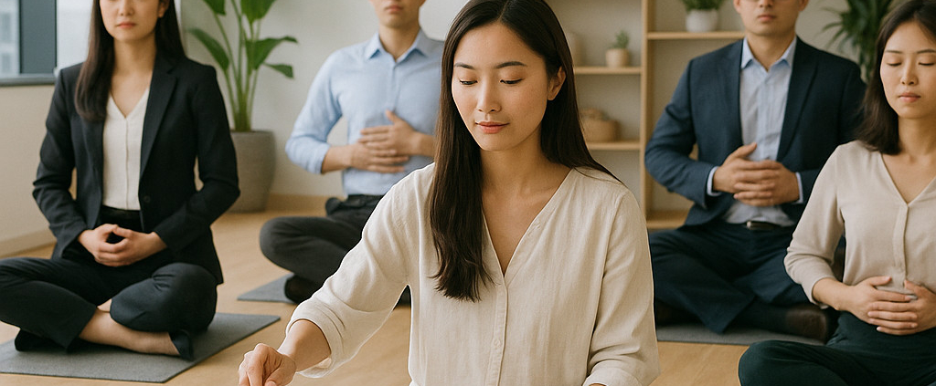 Employees in a Singapore corporate wellness program participating in a guided sound bath and mindfulness session inside a bright, calming office space.