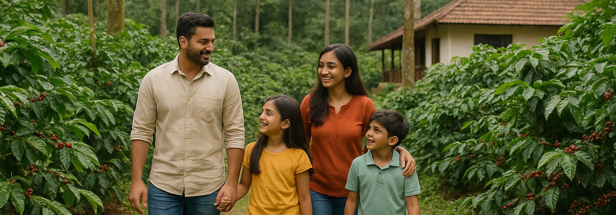 Family walking through coffee plantations at a Chikmagalur homestay