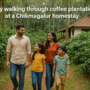 Family walking through coffee plantations at a Chikmagalur homestay