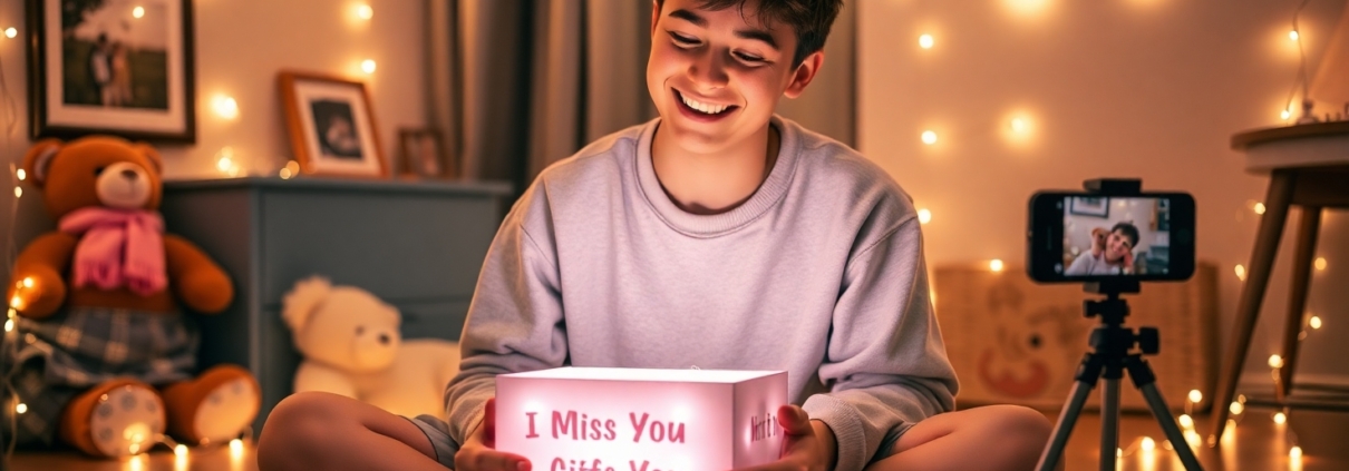 Image is a warm, cozy indoor scene featuring a young person with light skin and short, dark hair, sitting cross-legged on the floor. They are wearing a light gray sweatshirt and are smiling with delight as they open a glowing box of I Miss You Gifts in front of them. The room is softly illuminated by string lights draped around, creating a festive atmosphere. In the background, there are plush toys, including a teddy bear with a pink scarf, and framed pictures on the walls. A smartphone on a small tripod is positioned nearby, possibly recording the moment. The overall ambiance is cheerful and intimate, with a focus on the subject's joyful expression and the warm lighting that enhances the cozy setting.