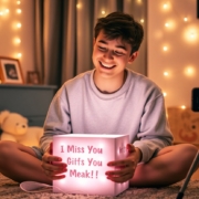 Image is a warm, cozy indoor scene featuring a young person with light skin and short, dark hair, sitting cross-legged on the floor. They are wearing a light gray sweatshirt and are smiling with delight as they open a glowing box of I Miss You Gifts in front of them. The room is softly illuminated by string lights draped around, creating a festive atmosphere. In the background, there are plush toys, including a teddy bear with a pink scarf, and framed pictures on the walls. A smartphone on a small tripod is positioned nearby, possibly recording the moment. The overall ambiance is cheerful and intimate, with a focus on the subject's joyful expression and the warm lighting that enhances the cozy setting.