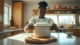 Image is a high-resolution, color photograph set in a modern kitchen with warm wooden cabinetry and a large window allowing natural light to fill the space. The central subject is a person with dark skin and short, styled hair, wearing a white shirt and apron. They are focused on placing a large, white ceramic pot with a lid onto a round wooden cutting board on a kitchen island. The kitchen is neatly organized, with various kitchenware and a loaf of bread visible in the background. The overall atmosphere is calm and inviting, emphasizing a moment of culinary preparation.