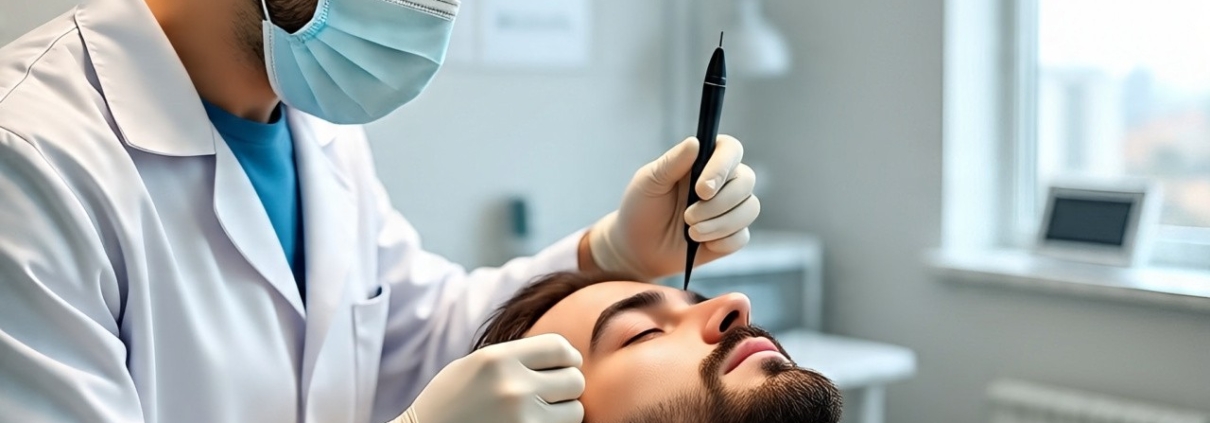 Doctor performing a hair transplant procedure on a patient in a Dubai clinic