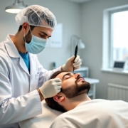 Doctor performing a hair transplant procedure on a patient in a Dubai clinic