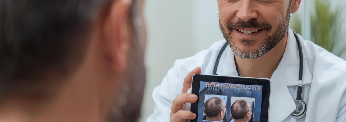 A doctor showing a middle-aged man before-and-after images of a hair transplant on a tablet, discussing treatment for a receding hairline after age 40.