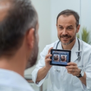 A doctor showing a middle-aged man before-and-after images of a hair transplant on a tablet, discussing treatment for a receding hairline after age 40.