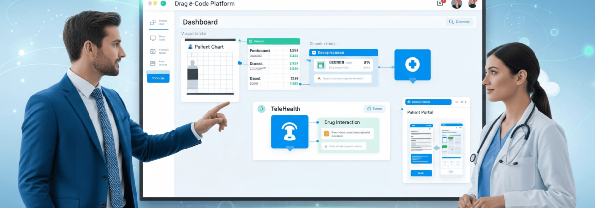 Healthcare IT consultant and doctor reviewing a digital dashboard built on a low-code platform, showcasing healthcare IT solutions and low-code development services.