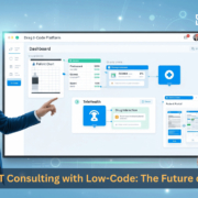Healthcare IT consultant and doctor reviewing a digital dashboard built on a low-code platform, showcasing healthcare IT solutions and low-code development services.