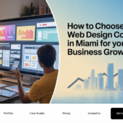 Three people discussing website layouts on a large screen in a modern office setting. On the right, text reads "How to Choose the Web Design Company in Miami for your Business Growth" over a city skyline with an upward arrow, symbolizing business growth.