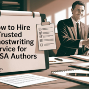 Professional business setting showing a handshake between two men, with a clipboard displaying the text 'How to Hire a Trusted Ghostwriting Service for USA Authors' — promoting reliable ghostwriting services in the USA by Authors Publishing House.