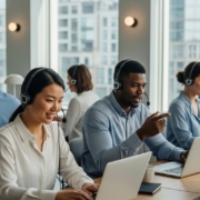 Professional team using a hosted phone system uk for business communication.