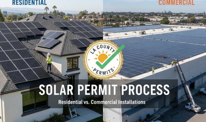 Residential vs. Commercial solar permit in LA County comparison with homes, businesses, and permit logo.