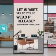 Office setting with a central digital billboard that reads “LET AI WRITE YOUR YOUR WEB.3 P RELEASE? The Definitive Pros & Cons,” surrounded by modern workspaces and AI branding.