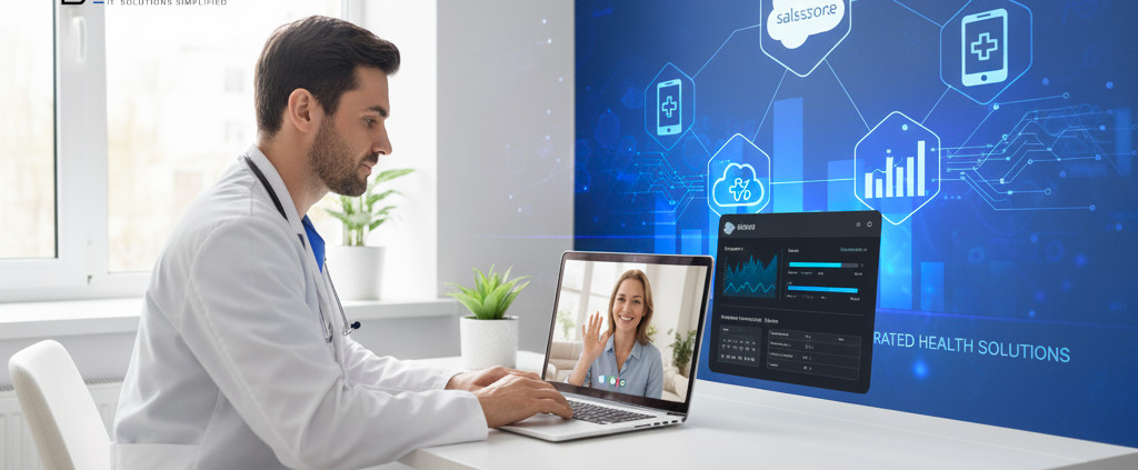 Doctor using Salesforce-integrated telehealth app for patient consultation