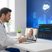 Doctor using Salesforce-integrated telehealth app for patient consultation