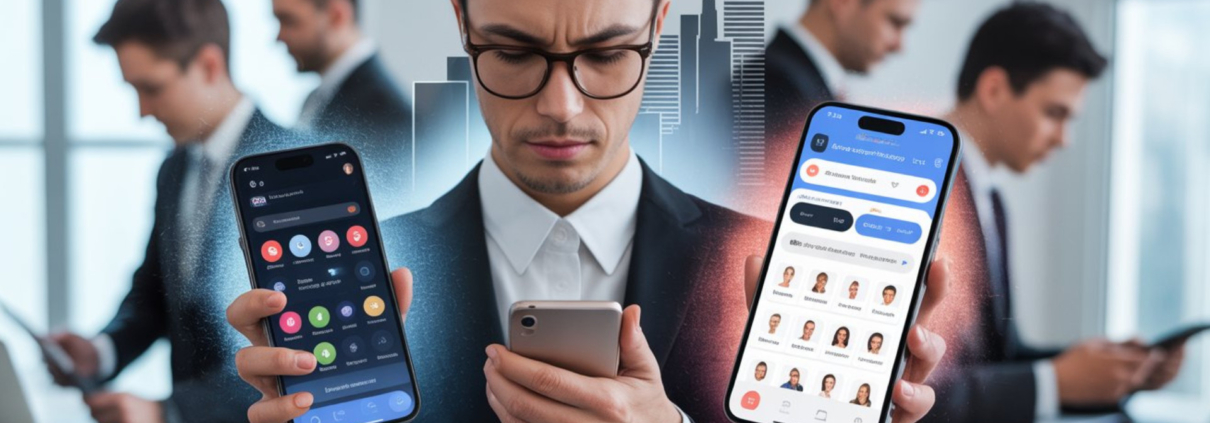 A serious businessman in a suit holds two smartphones, comparing a cluttered generic app with a clean, modern custom app interface. Background shows other professionals working in an office setting. Text reads: "Struggling with generic apps? Why Custom Mobile App Design USA is the Solution." Web Design Glory logo appears in the top-left.