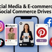 Illustration of people shopping through Instagram, TikTok, Facebook, and Pinterest, showing social commerce and e-commerce integration.