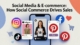 Illustration of people shopping through Instagram, TikTok, Facebook, and Pinterest, showing social commerce and e-commerce integration.