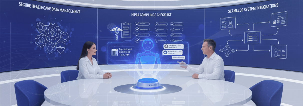 Healthcare IT consultant and doctor reviewing AI chatbot development workflows on digital screens for better patient care and compliance.