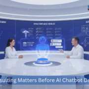 Healthcare IT consultant and doctor reviewing AI chatbot development workflows on digital screens for better patient care and compliance.