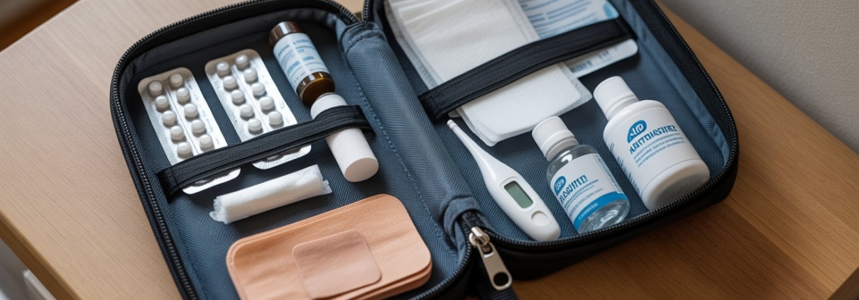 Items included in a travel medicine kit for safe and healthy trips, featuring essential medications, first-aid supplies, and emergency antibiotics.
