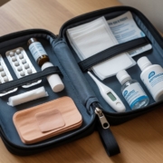 Items included in a travel medicine kit for safe and healthy trips, featuring essential medications, first-aid supplies, and emergency antibiotics.