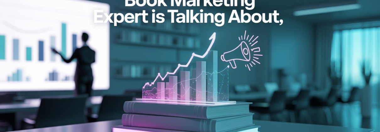 Books stacked on a desk with digital marketing icons and rising graph, symbolizing 2025 book marketing trends and expert strategies.