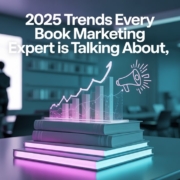 Books stacked on a desk with digital marketing icons and rising graph, symbolizing 2025 book marketing trends and expert strategies.