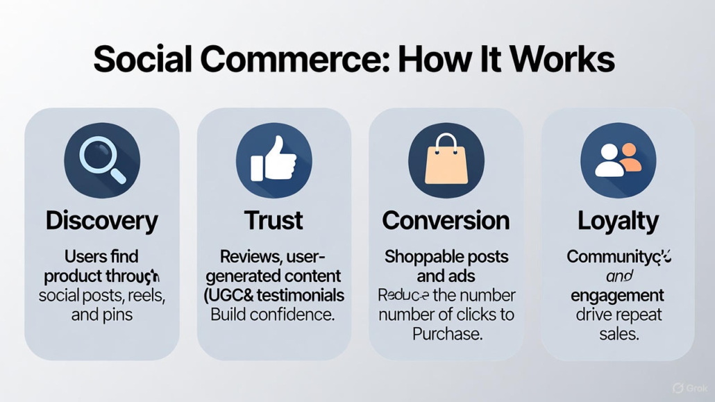Infographic showing the four key stages of social commerce: discovery, trust, conversion, and loyalty, with simple icons and short text.