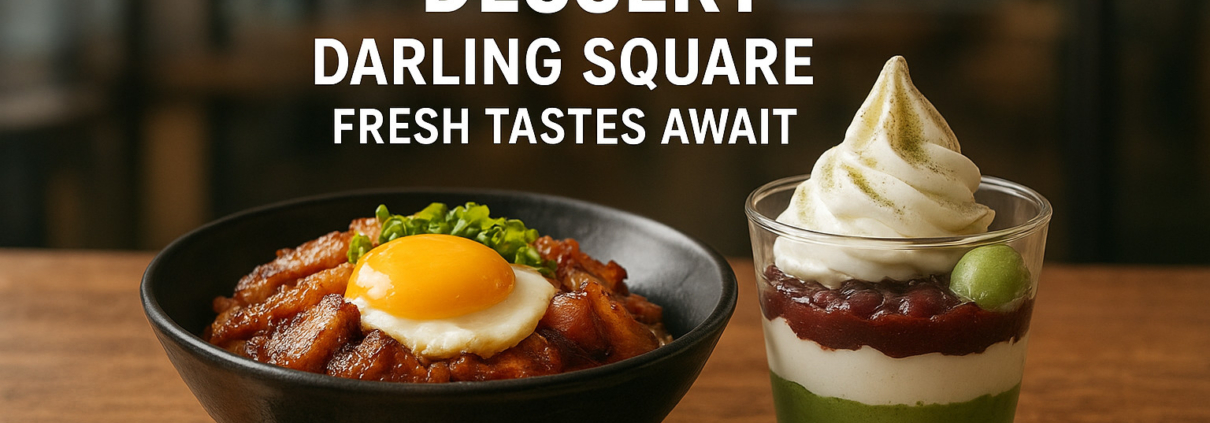 A close-up food photo featuring a bowl of donburi with glazed pork and a sunny-side-up egg on top, served alongside small dishes of kimchi and pickled ginger. Next to it is a layered dessert in a glass with matcha mousse, whipped cream, red bean paste, and a scoop of matcha ice cream, all set on a wooden table with a blurred restaurant background.