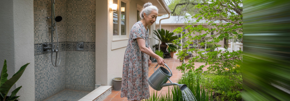 Accessible Austin home with age-in-place modifications: curbless shower, smart lighting, and open kitchen