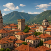 Scenic view of a historic Balkan city with red-roofed houses, medieval architecture, and mountains in the backdrop, representing the beauty of Balkan cities.