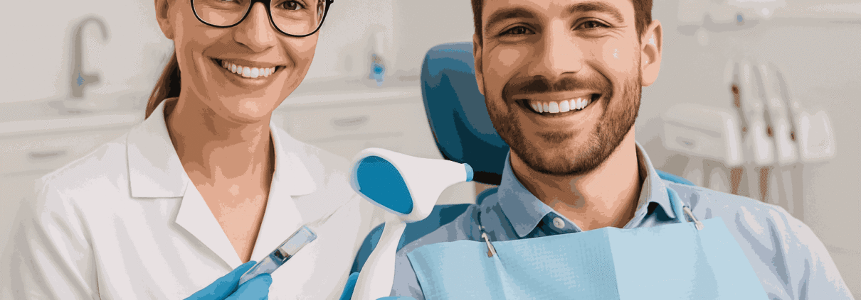 Smiling patient in dentist chair receiving tooth whitening treatment. Dentist applies gel and uses LED lamp in clean clinic.