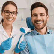 Smiling patient in dentist chair receiving tooth whitening treatment. Dentist applies gel and uses LED lamp in clean clinic.