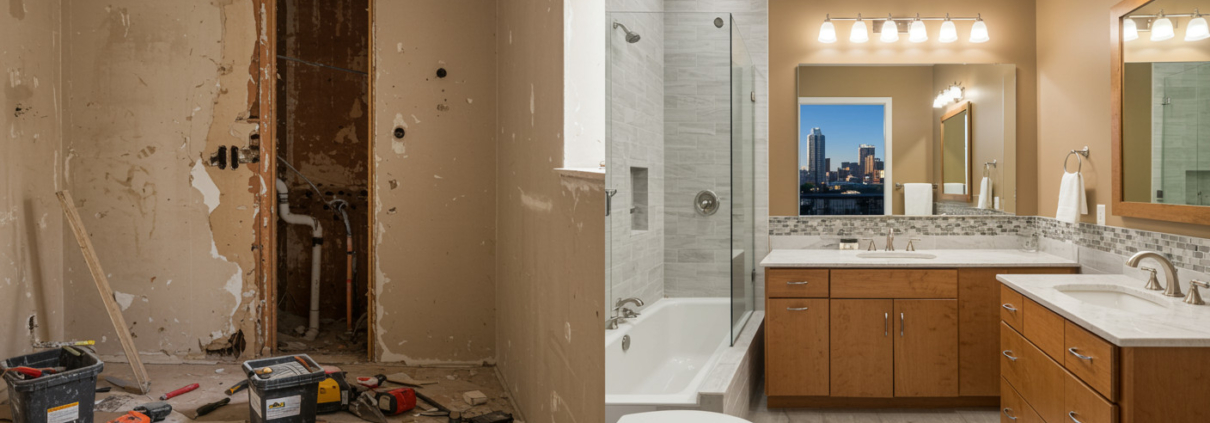 Split comparison showing DIY bathroom renovation disaster versus professionally completed Austin bathroom remodel highlighting cost savings