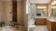 Split comparison showing DIY bathroom renovation disaster versus professionally completed Austin bathroom remodel highlighting cost savings