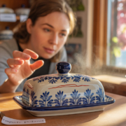 Image is a vibrant, high-resolution photograph featuring a woman with light skin and brown hair, focused intently on a steaming, intricately designed ceramic butter dish. The dish, placed on a wooden table, is adorned with blue floral patterns and a dark blue knob on top. In the background, a sunlit window reveals a serene lakeside view, with pink flowers partially visible. Shelves lined with similar ceramic dishes are seen behind her, each with unique patterns. A small label reading 'imported from Poland' is placed beside the dish, written in a simple, black font. The overall composition highlights the craftsmanship of the ceramics and the peaceful ambiance of the setting.