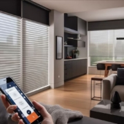 A person using a smartphone to control smart blinds in a modern, automated living and dining room.